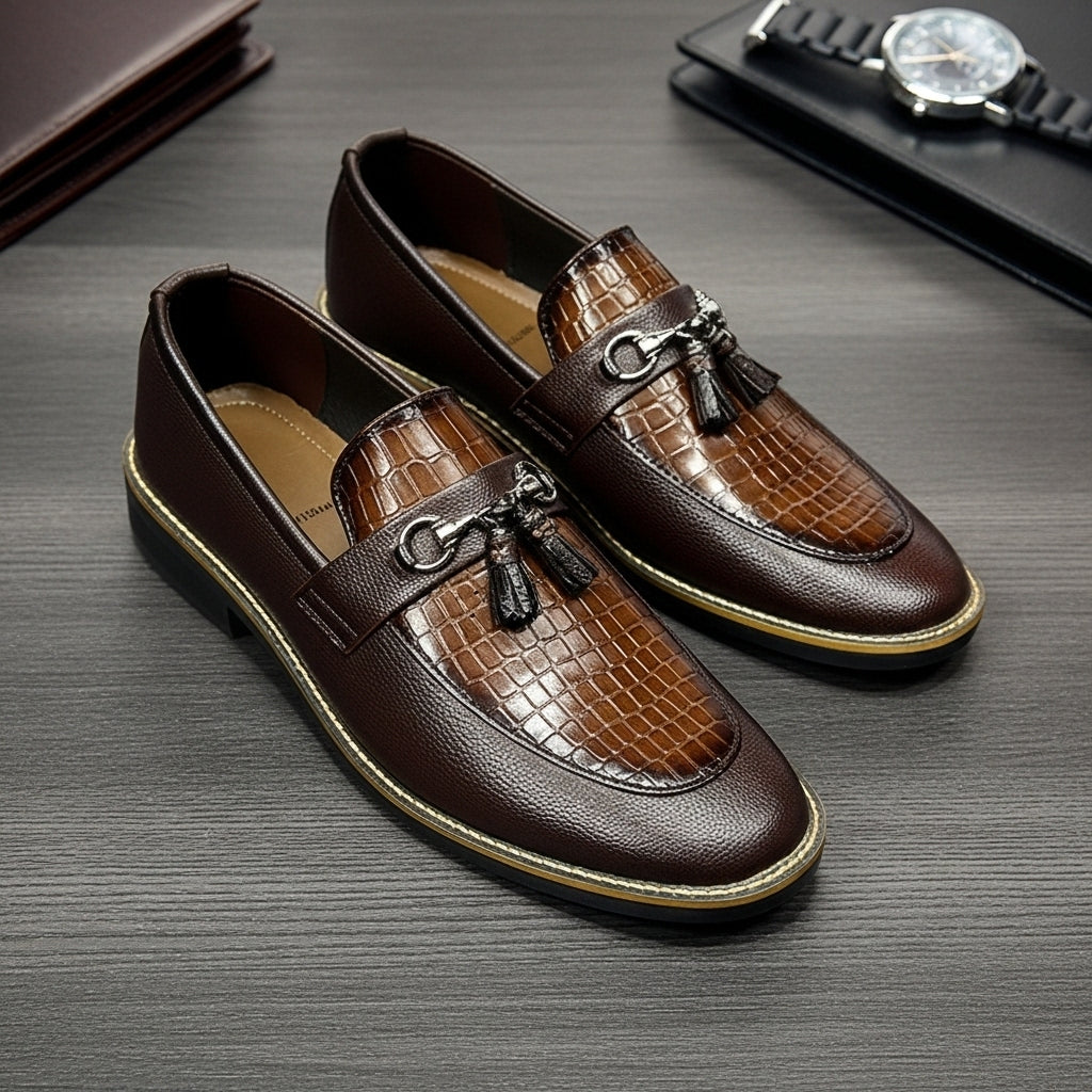 Handmade Stitched Alligator Textured Dark Brown Premium Leather Loafers: Slip-On Dress Shoes
