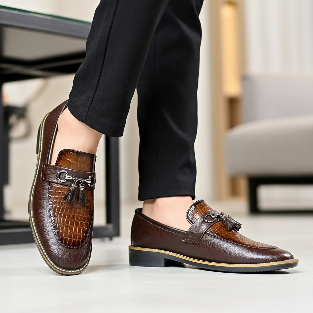 Handmade Stitched Alligator Textured Dark Brown Premium Leather Loafers: Slip-On Dress Shoes